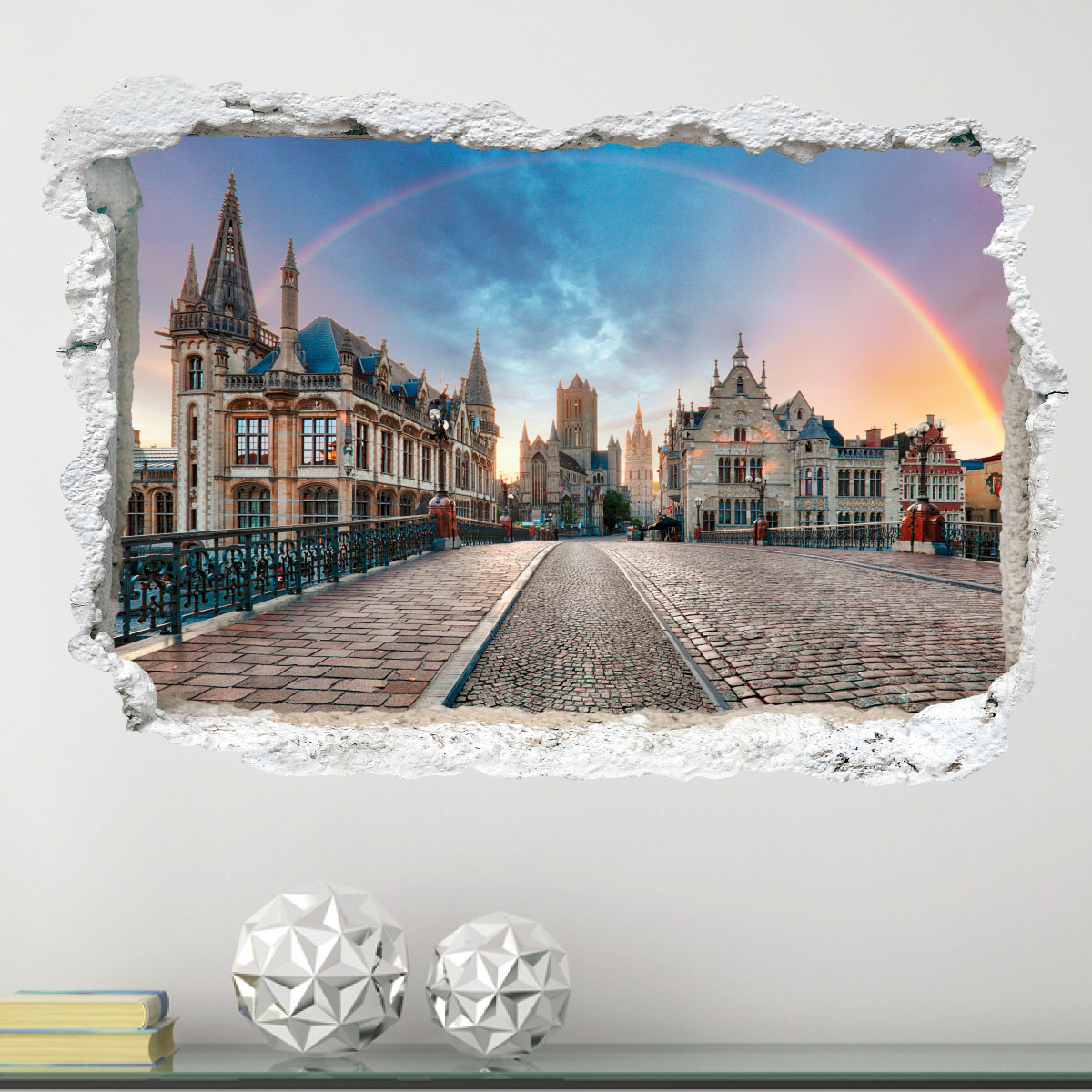 Sticker trompe l'oeil belle arc-en-ciel sur la ville de Gand