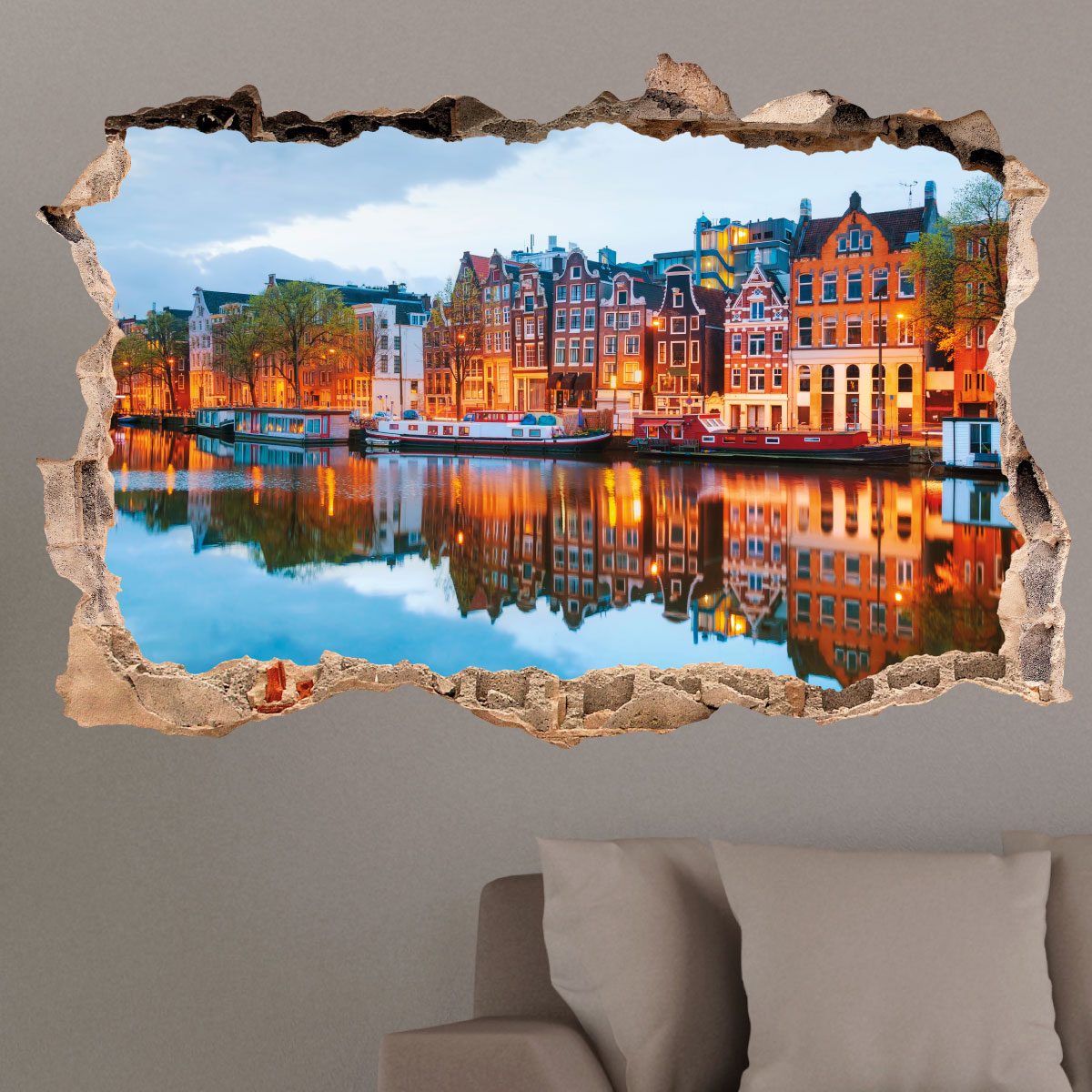Sticker trompe l'oeil tombée de la nuit sur la ville d'Amsterdam