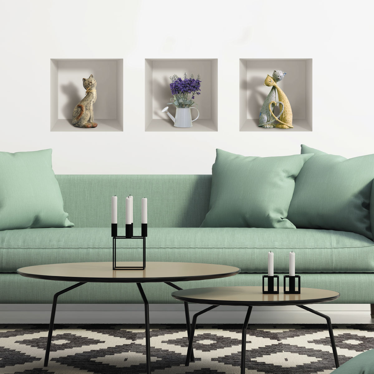 Wall decal 3D effect design cats and lilac bouquet