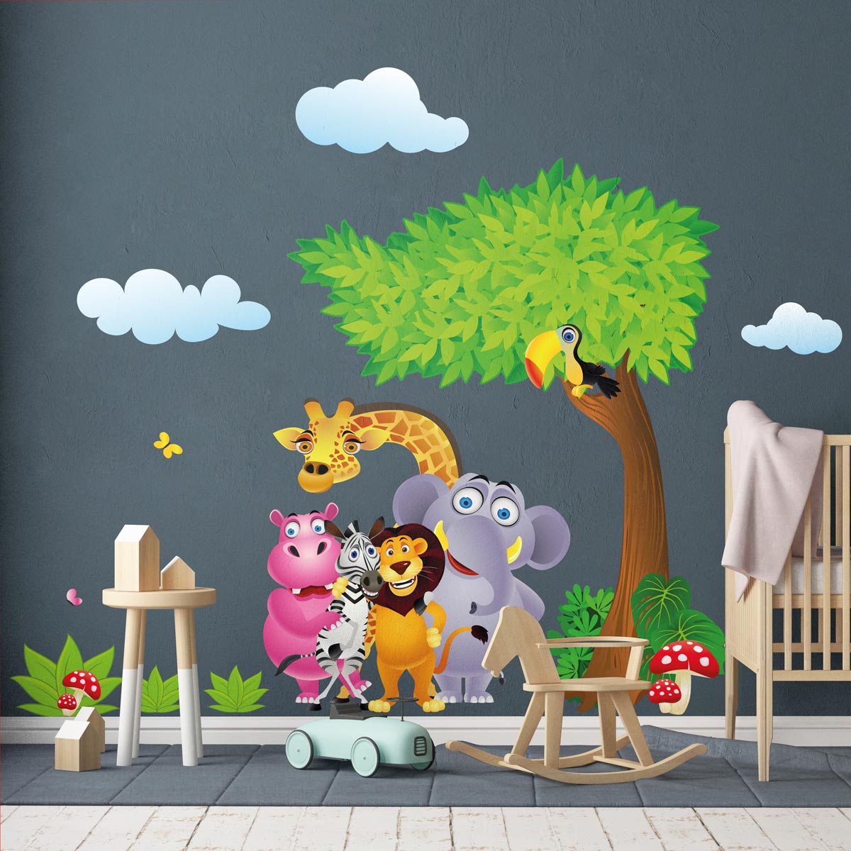 Sticker mural textile - Amis des animaux dans la jungle - Rond