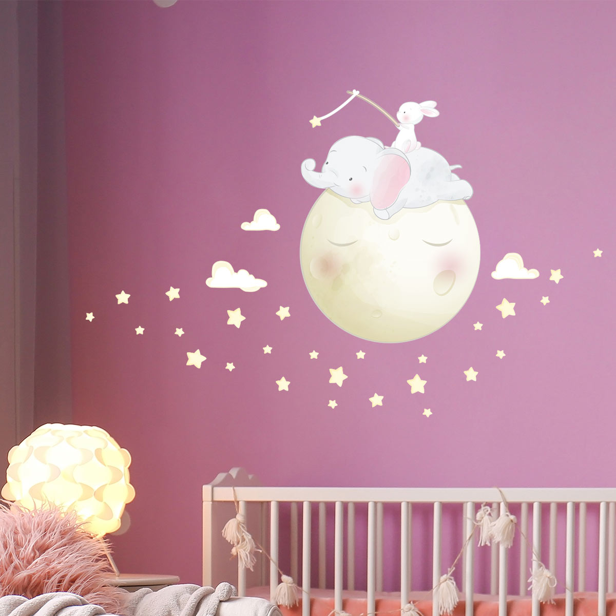 Wall decals elephant and rabbit on the moon and 110 stars