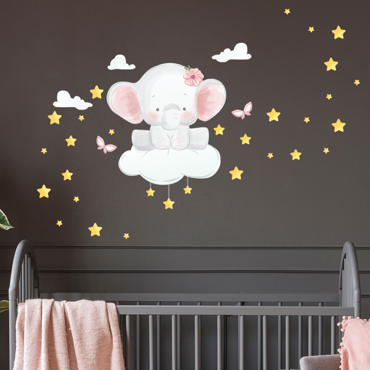 Wall decals elephant on the cloud and 60 stars