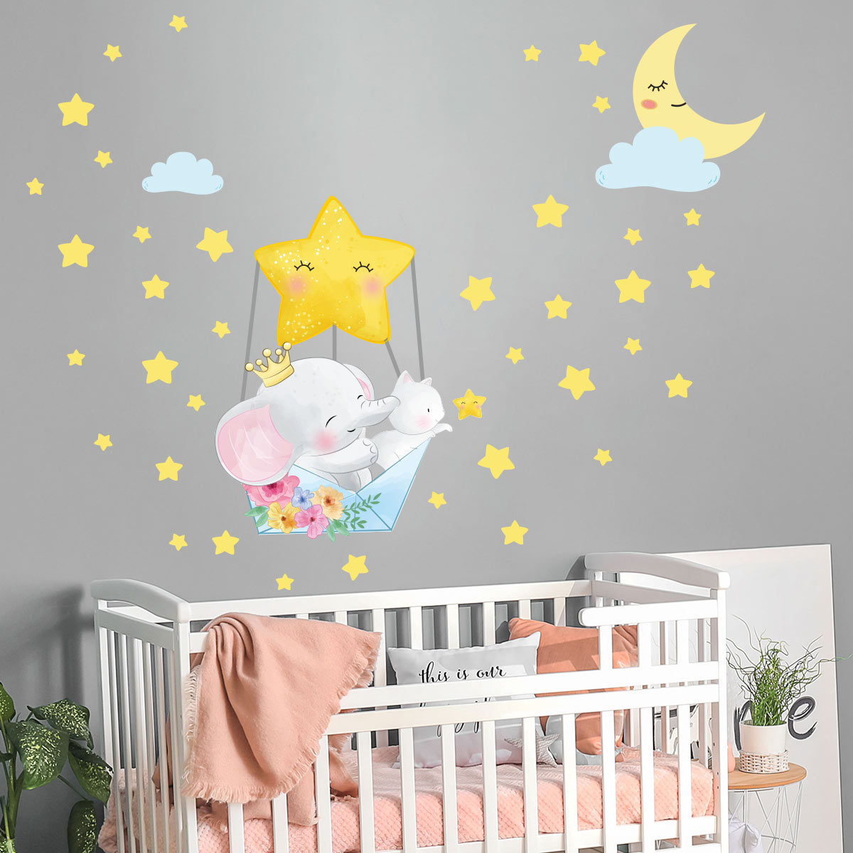 Wall decals flying elephant and 70 stars