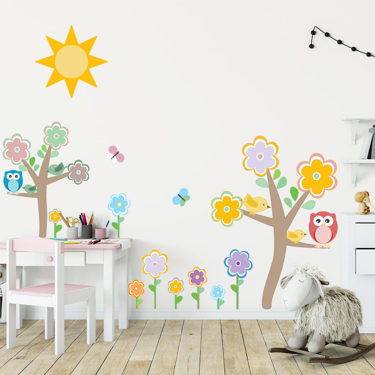 Sticker Hiboux sur arbre en fleurs - stickers chambre fille & stickers  enfant 