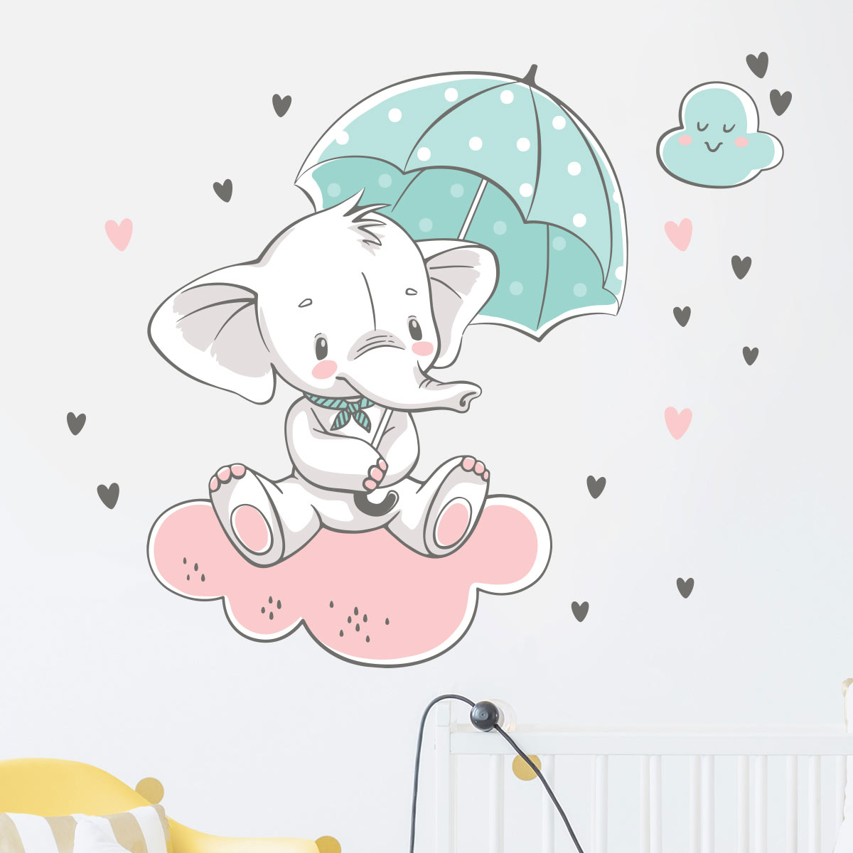 Stickers enfant bébé éléphant sur un nuage avec son parapluie