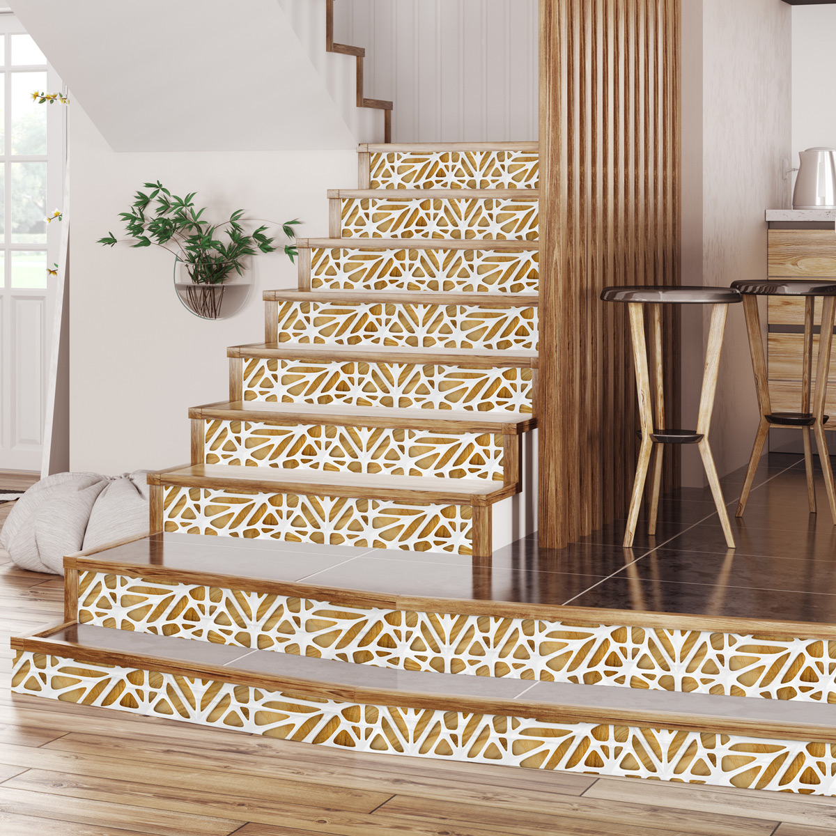 Stickers escaliers scandinave bois design blanc