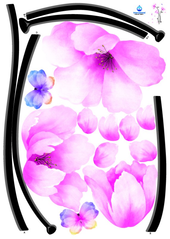 Stickers muraux Fleurs et papillons 42 x 30cm Ocre, bleu, rose