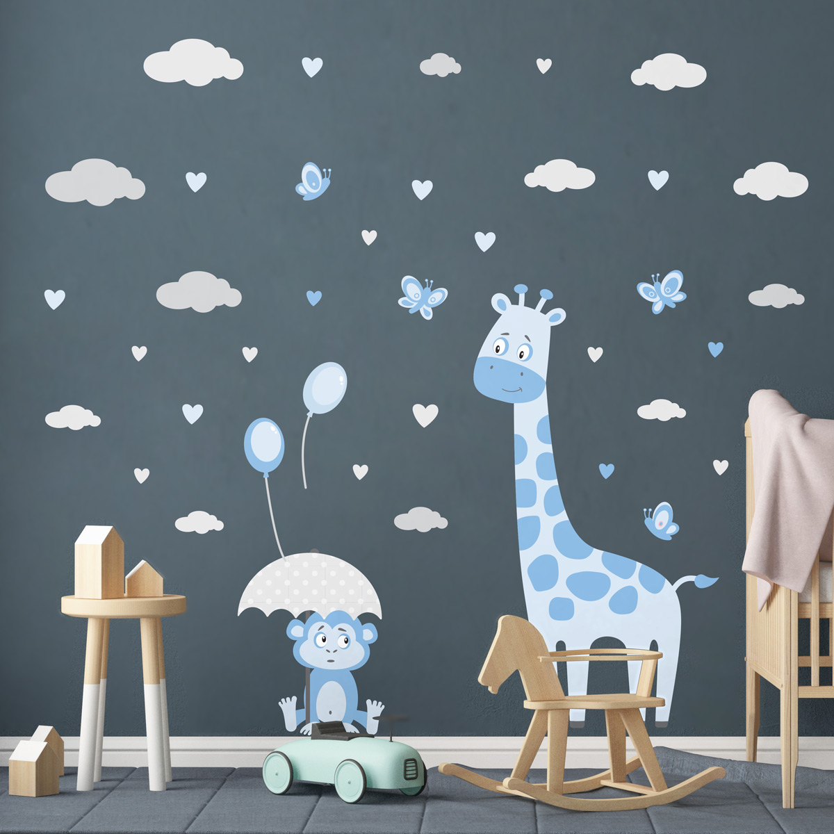 Stickers girafes et singes amis sous une pluie de coeurs