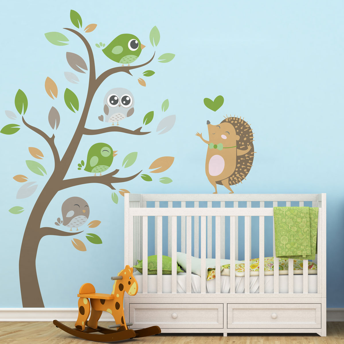 hedgehogs and forest birds wall decal