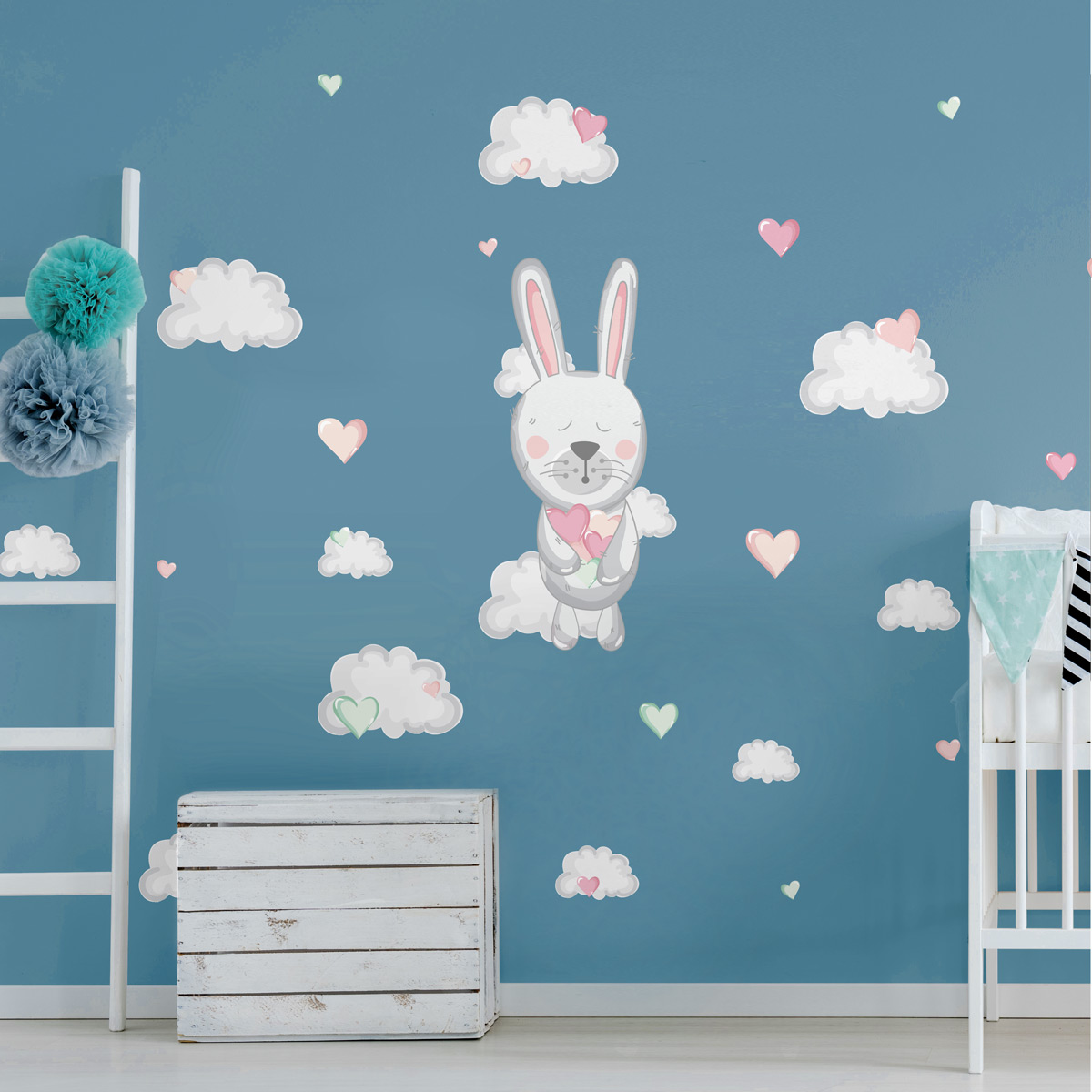 Rabbits in the clouds of hearts wall decal