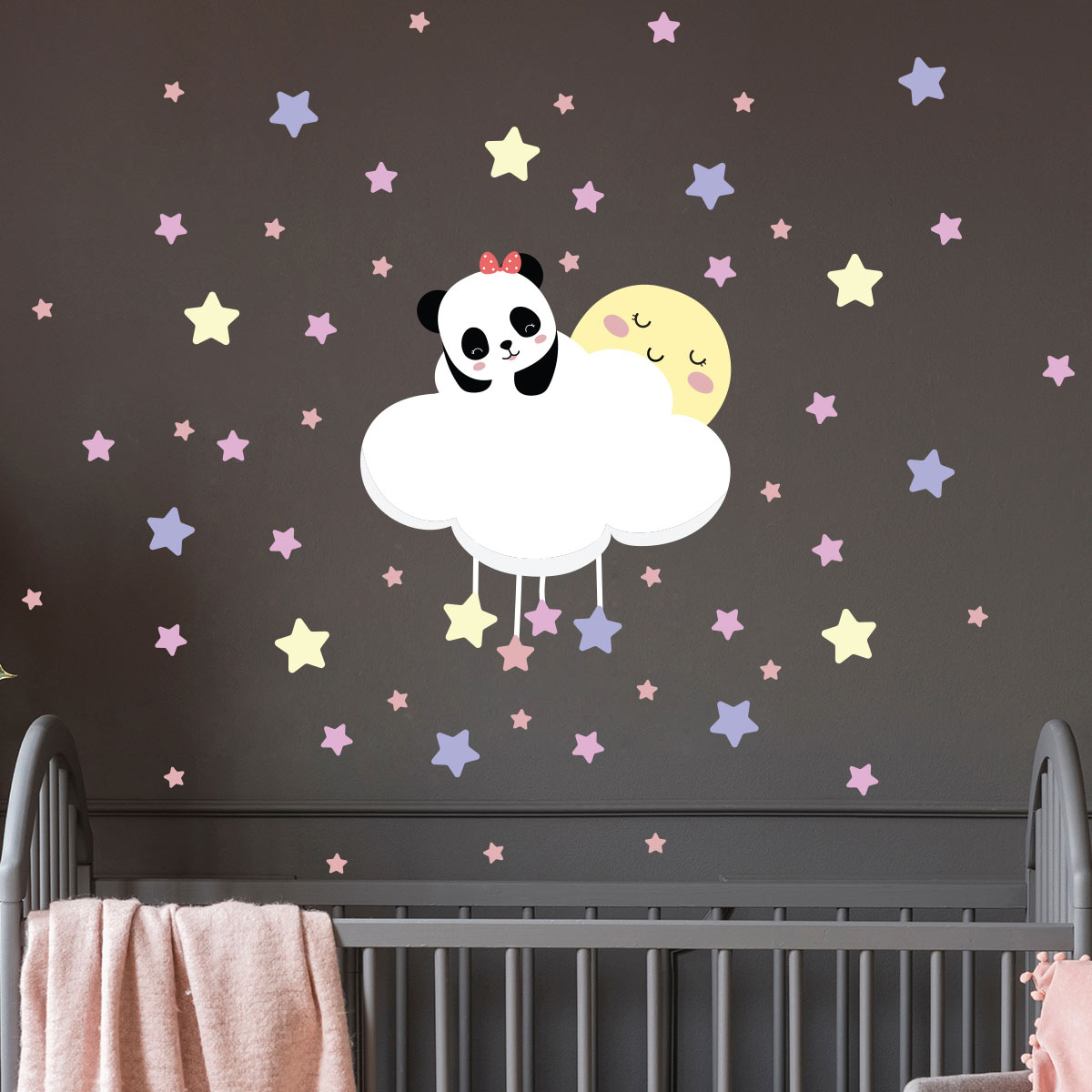 Stickers panda bébé fille sur le nuage et 50 étoiles