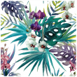 papiers peints adhésifs tapisserie tropicale - Sticker tapisserie tropicale orchidées sauvages et feuilles de palmier - ambiance-sticker.com