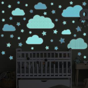 Wall stickers glow in the dark scandinavian blue clouds and stars
