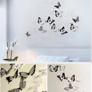 Pack of 18 3D wall decals black and white translucid butterflies