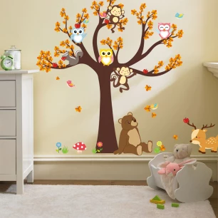 Sticker arbre géant avec hibou, singe et ours