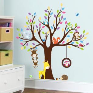 Sticker arbre géant avec singes, hibou et girafe