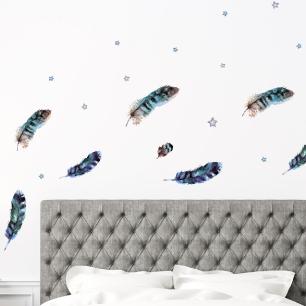 Wall decal boho 15 indian feathers blue and the stars