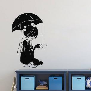 Muursticker Meisje met open paraplu, eend