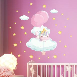 Wall sticker unicorn hovering in the clouds + 100 stars