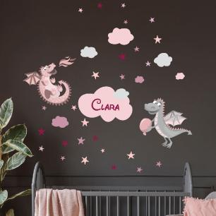 Wall sticker pink and gray dinosaurs customizable names