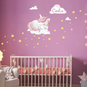 Wall sticker unicorn on the cloud and stars customizable names