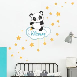 Wall sticker panda on the cloud with 50 stars customizable names