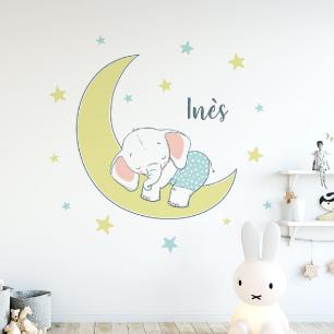 Wall decal baby elephant on the moon customizable names
