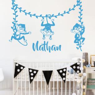 Wall decal children 3 funny monkeys customizable names