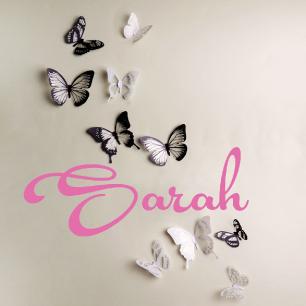 Wall decal Customizable Name + 18 3D black and white translucid butterflies