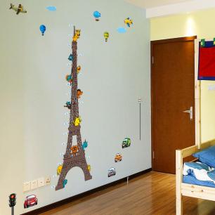 Eiffel Tower kidmeter with planes and funny animals wall decal