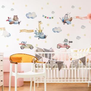 Wall decals animals in cars and planes