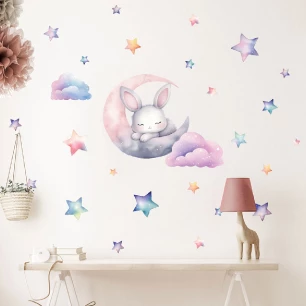Stickers animaux lapin rêveur sur la lune aquarelle