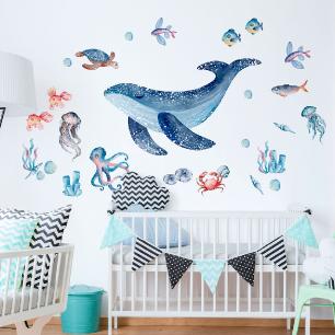Stickers animaux marins et baleine aquarelle
