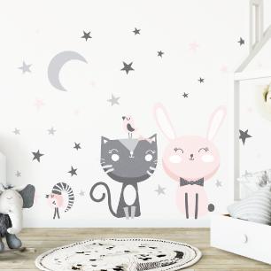 Cat, rabbit and birds in the stars wall decal