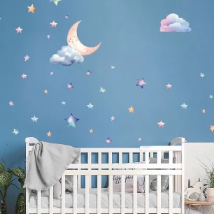 Stickers étoiles avec la lune et les nuages aquarelles