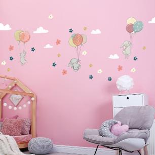 Rabbits in the sky and flying balloons wall decals