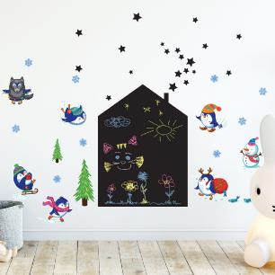 Stickers Noël pingouins + ardoise maison + 4 craies liquides