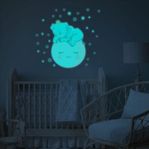 Stickers phosphorescents enfant bébé éléphant sur la lune et 30 étoiles