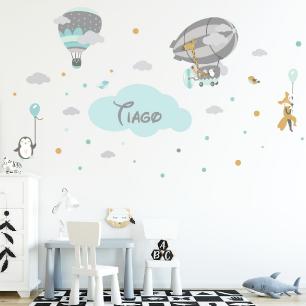 Wall decal hot air balloons and animals customizable names