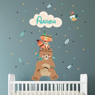 Wall sticker bear cub and indian owl personalized name
