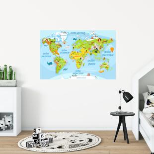 Sticker décoratif autocollant, carte du monde animaux, éducatif