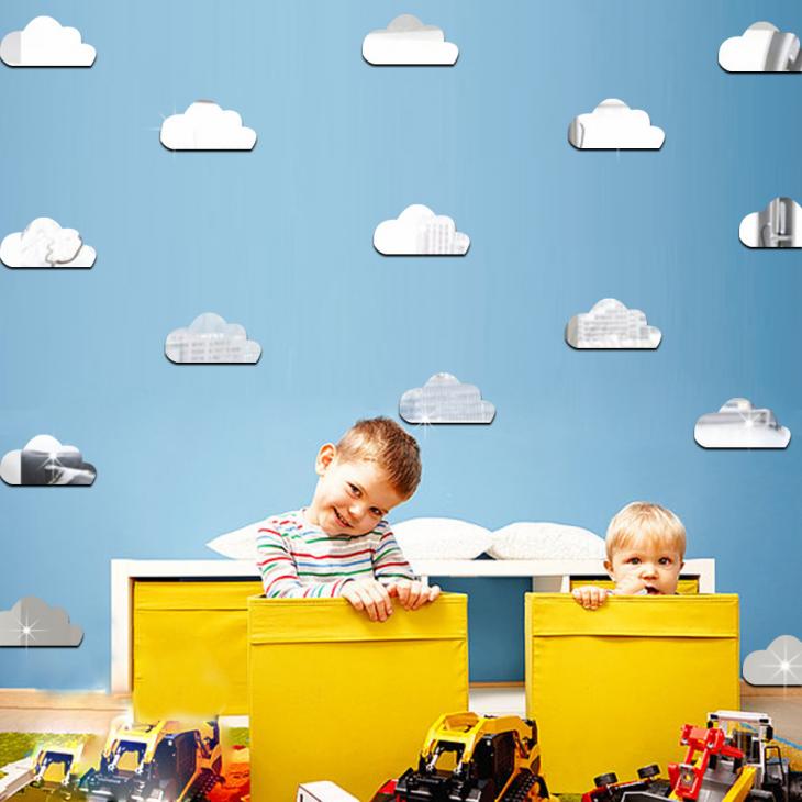 Stickers muraux pour les enfants - Pack de 10 nuages en papier adhésifs 3D métal argentés - ambiance-sticker.com