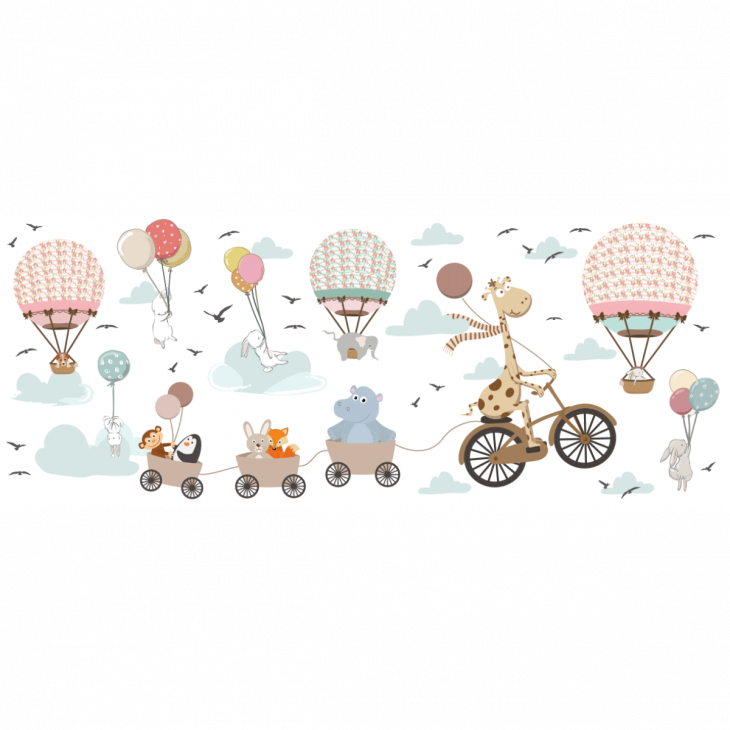 Blackout wall decals - Blackout and privacy sticker for window 1 meter x 40 cm animals and hot air balloon in the clouds - ambiance-sticker.com