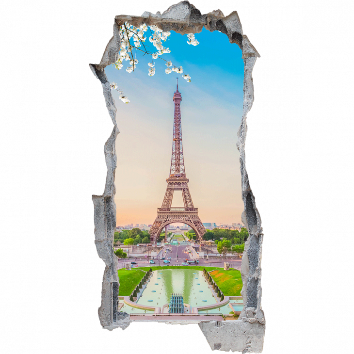 Sticker muraux trompe l'oeil -  Sticker trompe l'oeil vue sur la Tour Eiffel - ambiance-sticker.com