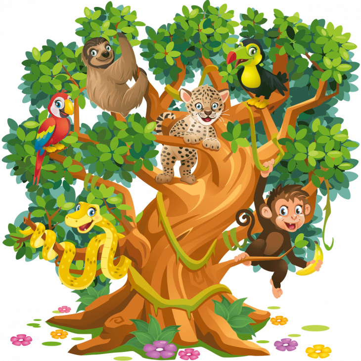 Stickers enfant animaux - Stickers animaux de la jungle et arbre enchanté - ambiance-sticker.com