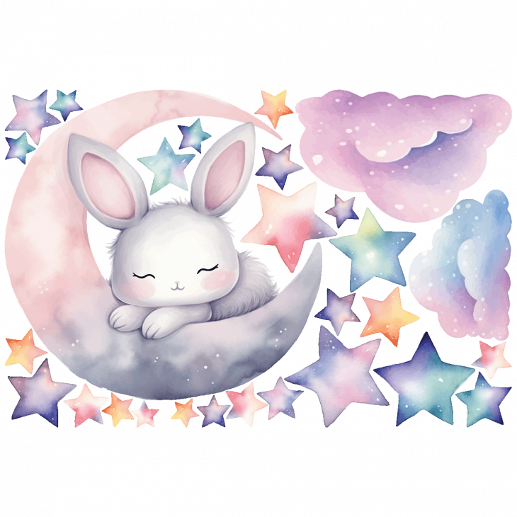 Stickers muraux Animaux - Stickers animaux lapin rêveur sur la lune aquarelle - ambiance-sticker.com