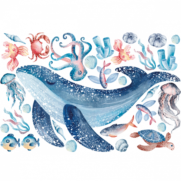 Stickers muraux Animaux - Stickers animaux marins et baleine aquarelle - ambiance-sticker.com