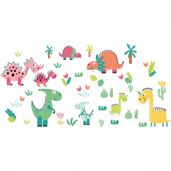 Stickers muraux dinosaures - Stickers dinosaures, palmiers et cactus - ambiance-sticker.com