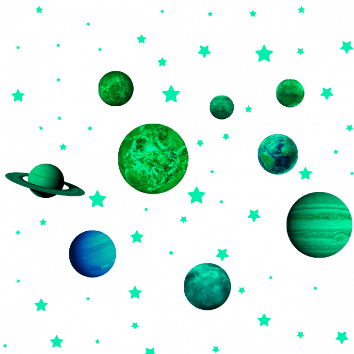 Stickers muraux pour les enfants - Stickers phosphorescents planètes du système solaire + 200 étoiles - ambiance-sticker.com