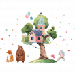 Adesivi murali Animali - Adesivo albero gigante e la capanna della felicità - ambiance-sticker.com